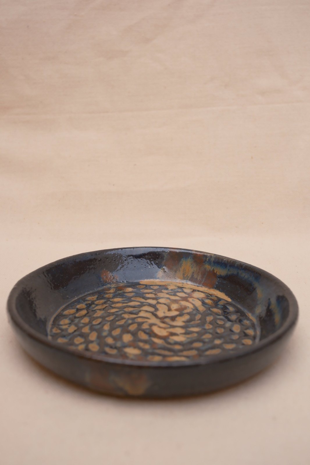 Low view across the dish toward the glossy rim