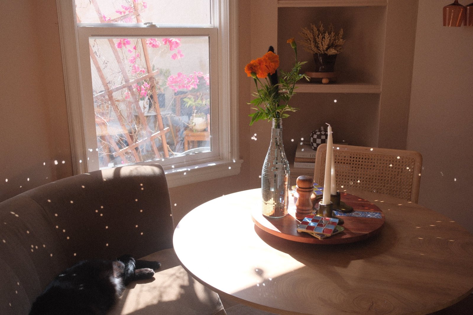 Sunlit nook with a mirrored bottle vase of marigolds, cane chair and disco light scattered across the table