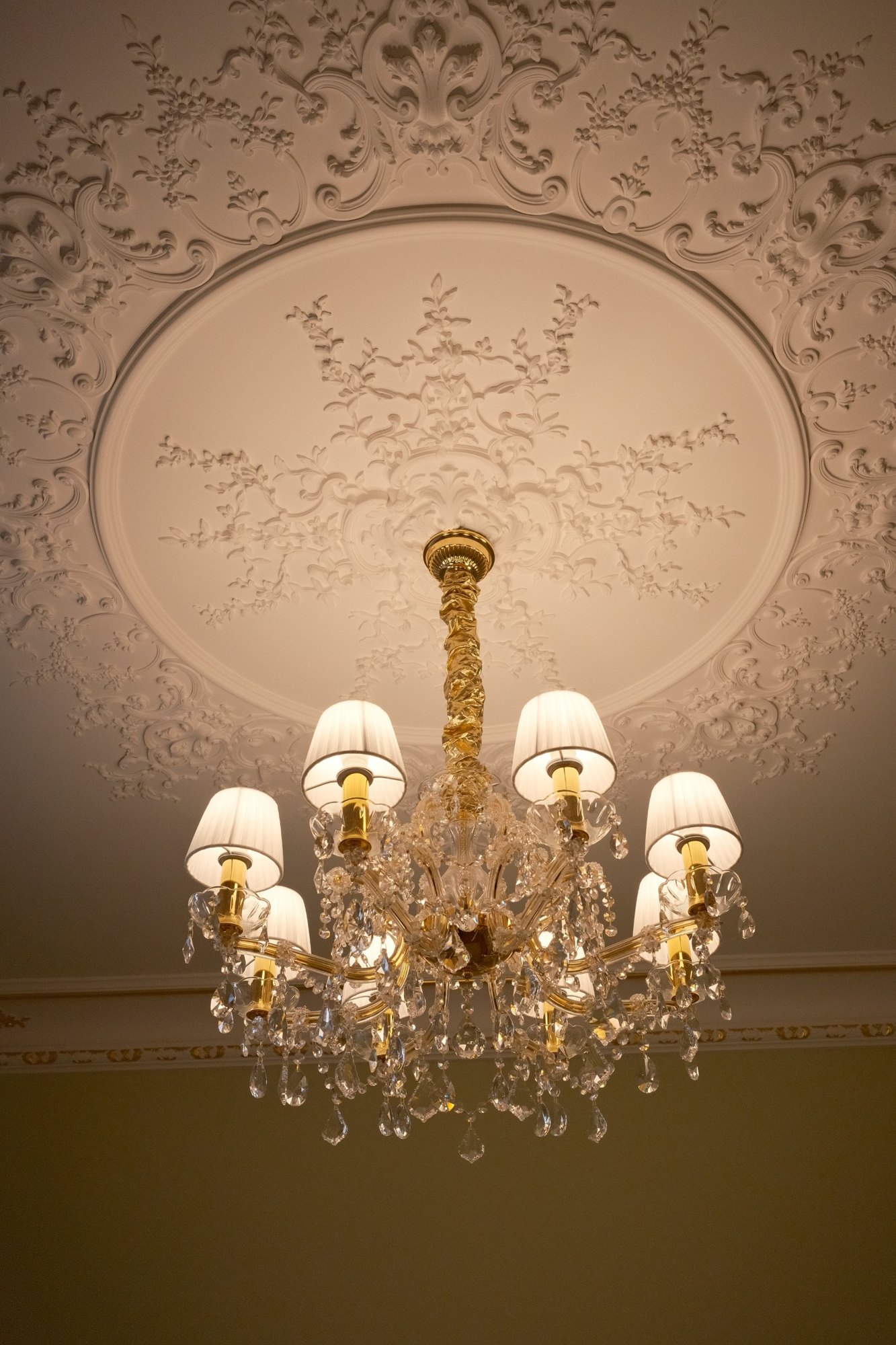 A crystal chandelier under an ornate plaster ceiling rose