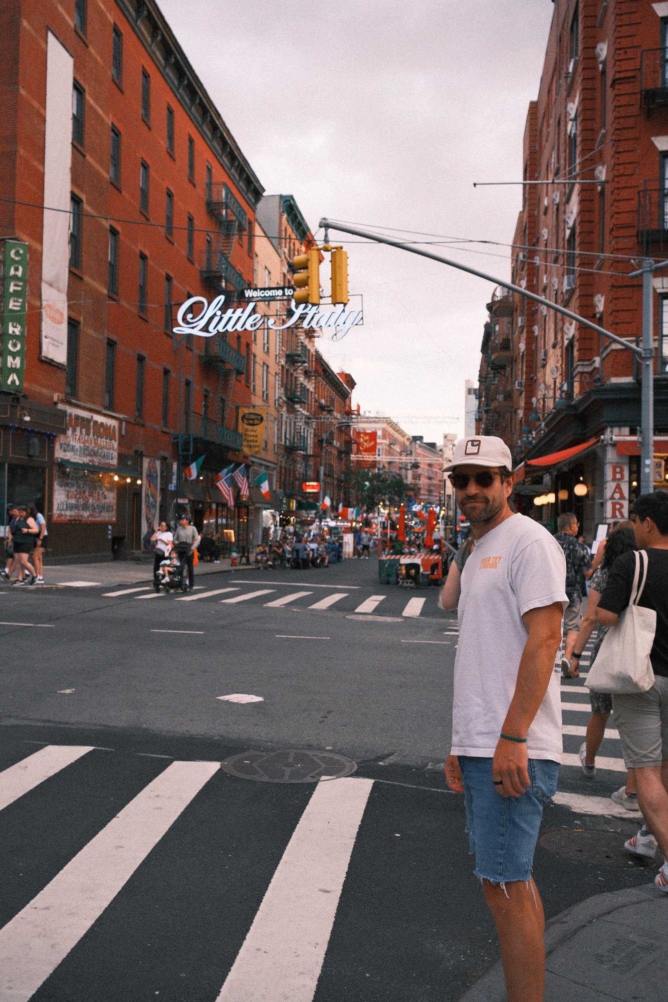 Looking back over a shoulder at the Little Italy crosswalk