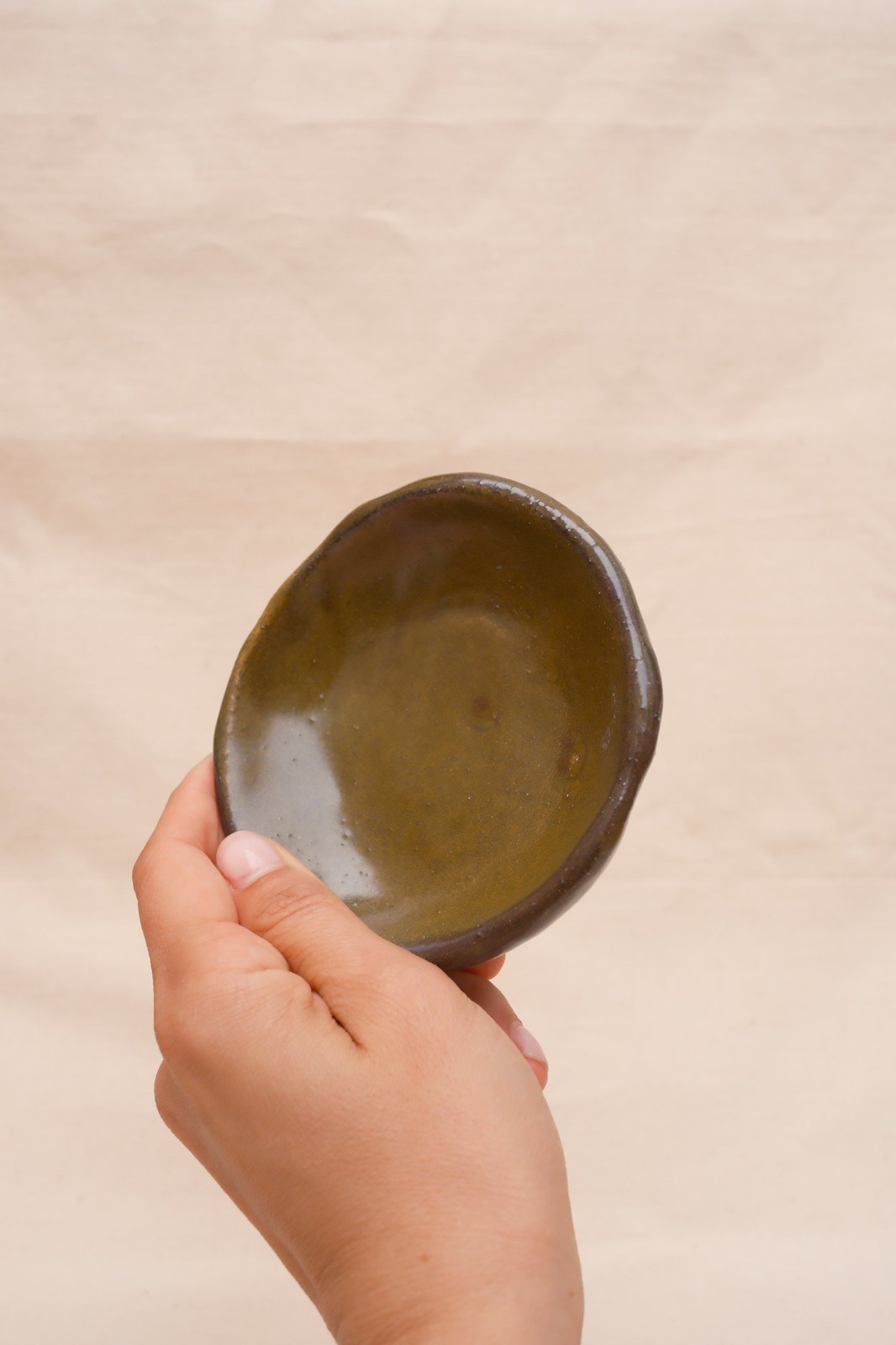 The dish held in one hand, showing its size
